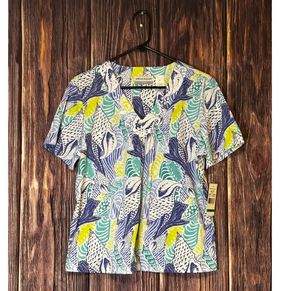 Alfred Dunner Top Womens PL Purple Lime Seashell Print V Neck Petite NWT